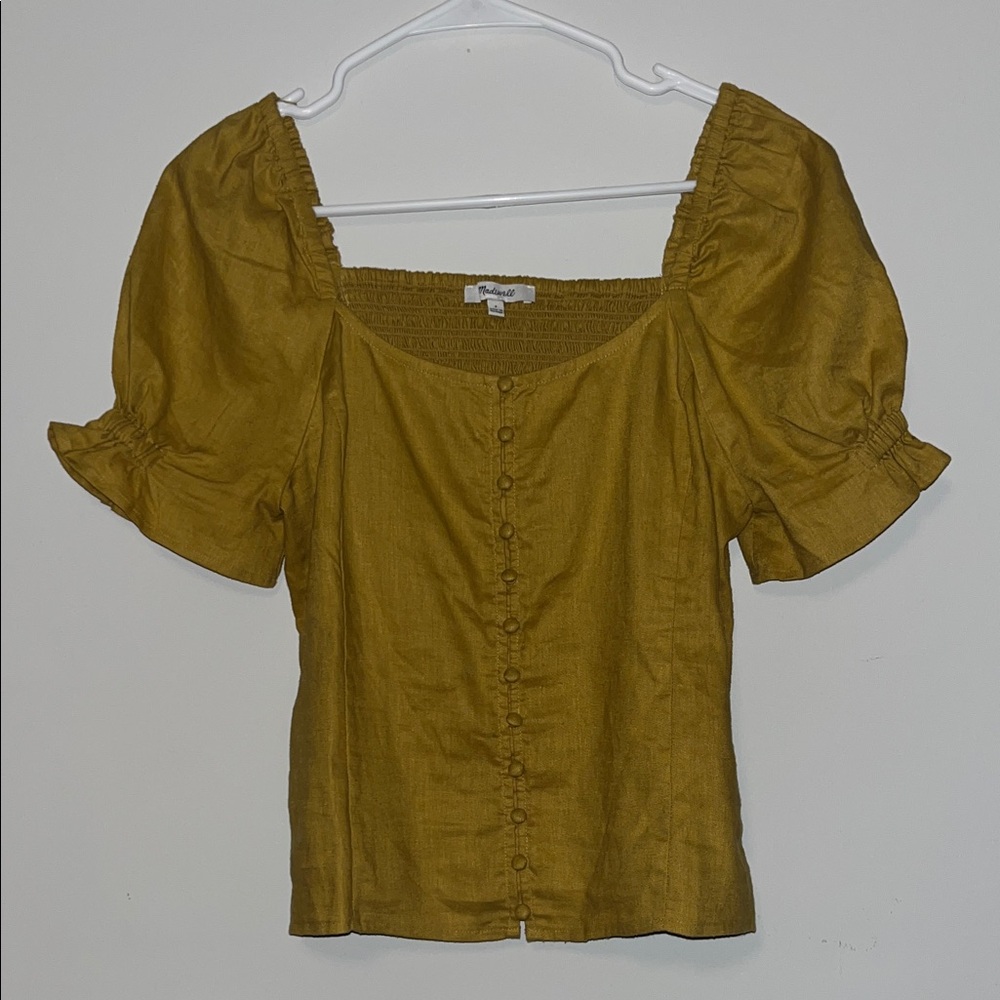 Madewell Button-Front Smocked-Back Top in Bronzed Lichen